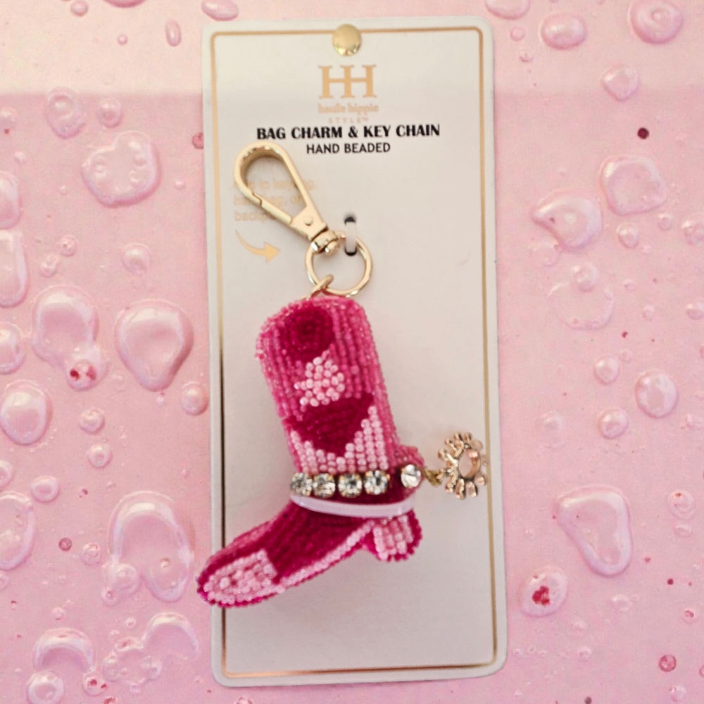 NEW Haute Hippie Pink Hand Beaded Boot Bag Charm Key Holder 5 Inches NWT